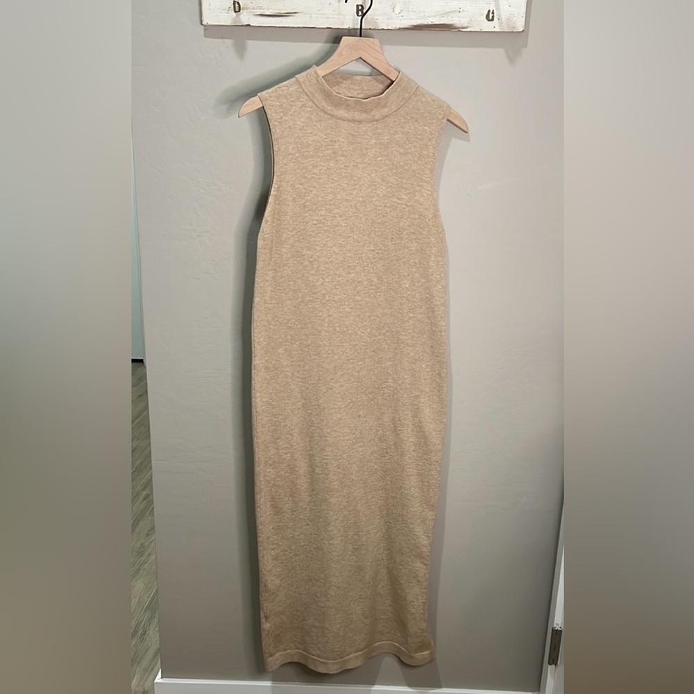 Mango MNG Dress Knit Sweater Beige Tan Sleeveless Mock Neck Sheath Side Split